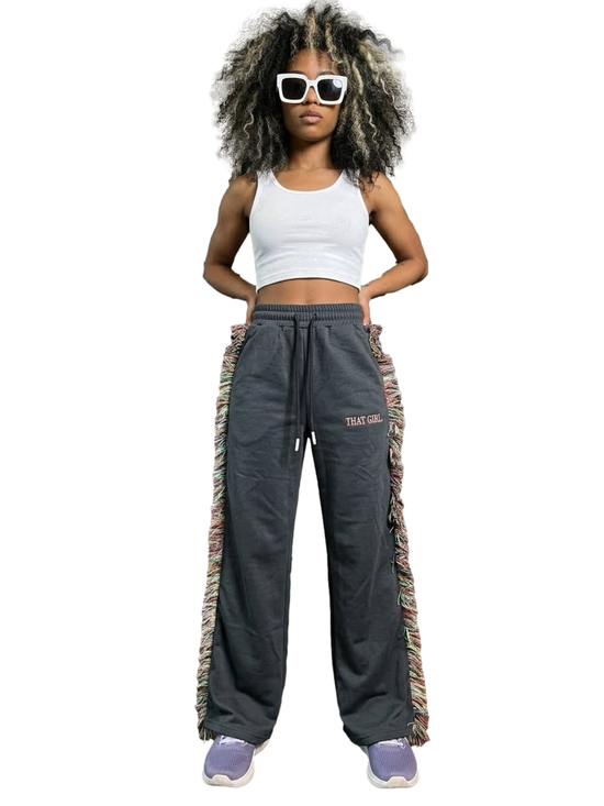 That Girl Pants - That Girl Wide Leg Charcoal Rainbow Fringe-Trim Track Pants Size XS